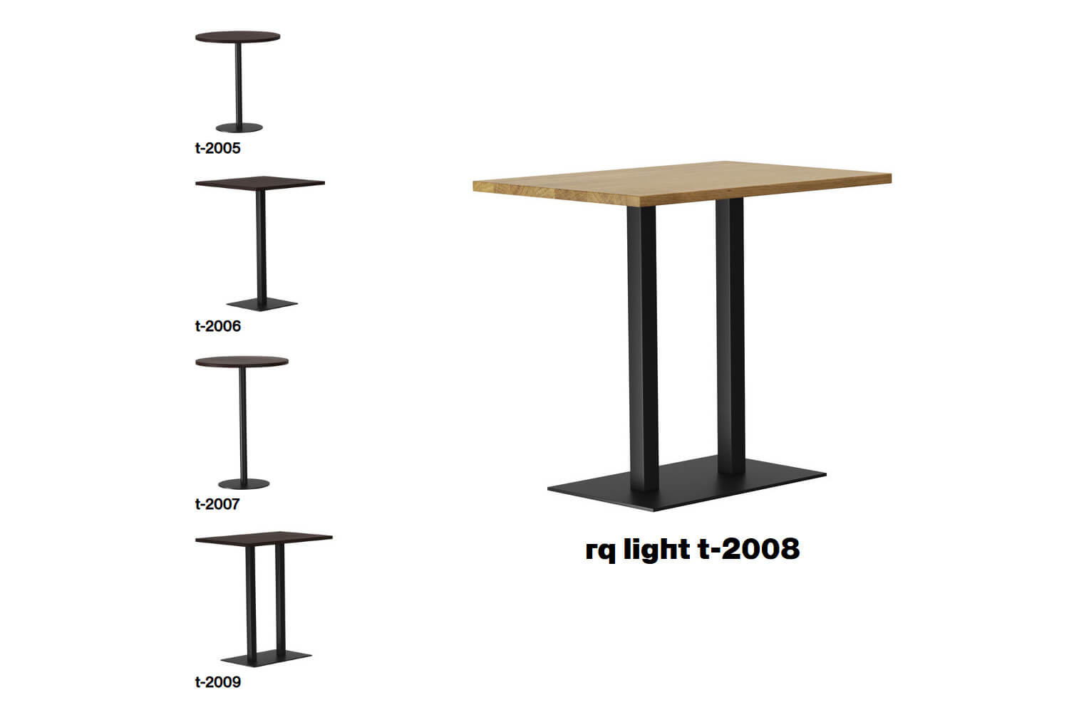 links vier Tische aus der rq light Kollektion &uuml;bereinander angeordnet, rechts der Tisch rq light t-2008
