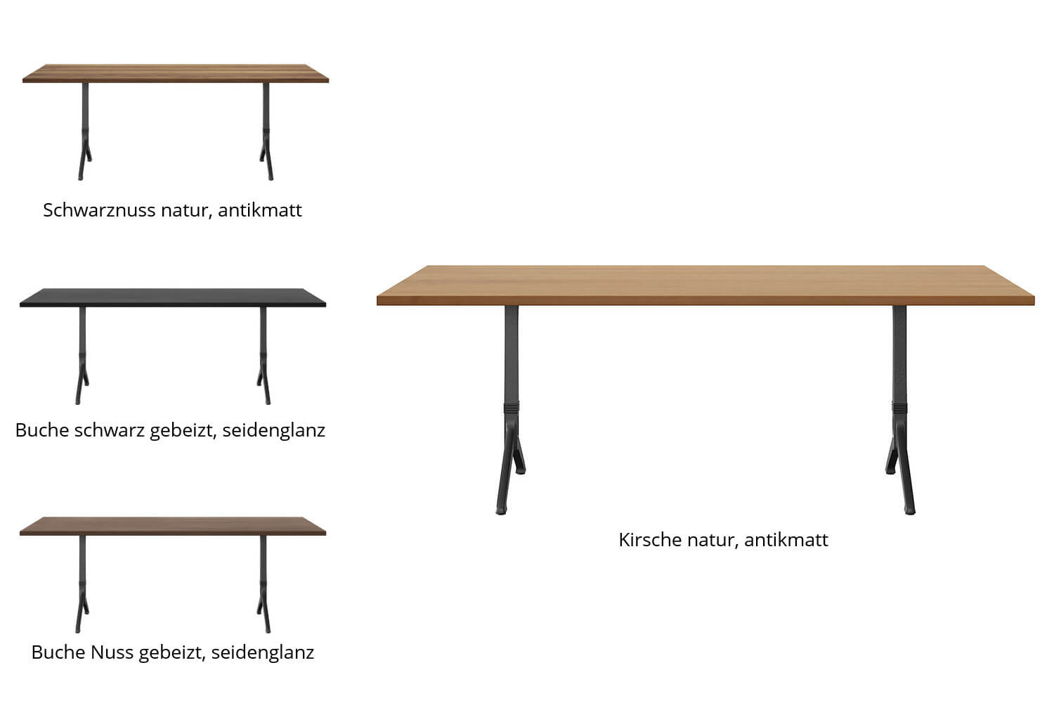 links mehrere epoc-Tische &uuml;bereinander in verschiedenen Ausf&uuml;hrungen, rechts die Ausf&uuml;hrung Kirsche natur