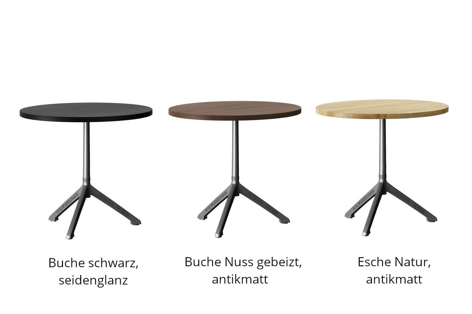 drei runde Tische mit verschiedenen Massivholzplatten nebeneinander angeordnet